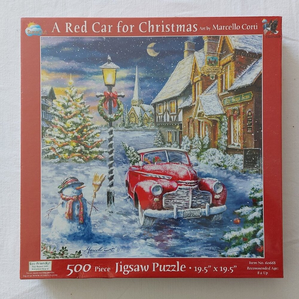 A RED CAR FOR CHRISTMAS - 500 pc Nostalgic Vtg Jigsaw Puzzle by SUNSOUT *NEW